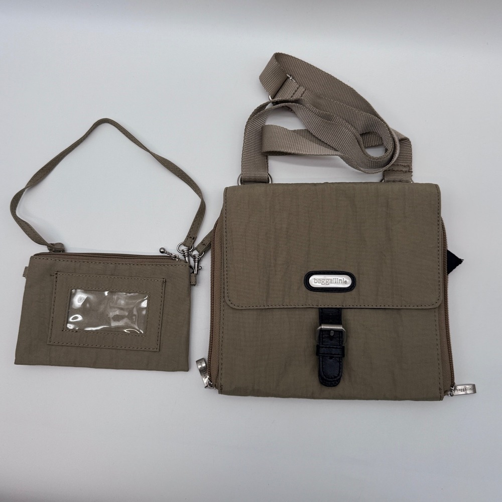 Baggallini Nylon Crossbody Travel Organizer Bag Buckle Flap Taupe Tan with Pouch